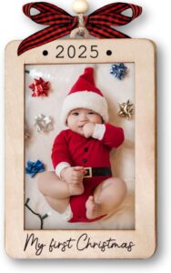 “Baby’s First Christmas Ornament 2025 Wooden Portrait Picture Frame for Boy and Girl – My First Christmas Photo Keepsake Hanging Decoration.”