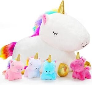 KMUYSL Unicorn Mommy Stuffed Animal with 4 Baby Unicorns – Soft Plush Toy Set for Kids