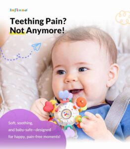 "Sensory silicone baby teether with rattle design for soothing teething relief."