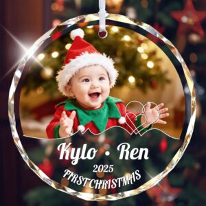 “Custom Photo Crystal Glass Christmas Ornament with Baby’s Picture – Perfect Baby’s First Christmas 2025 Gift”
