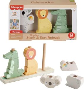 “Fisher-Price Wood Baby Toy Stack & Sort Animals wooden stacking toy for infants and toddlers”