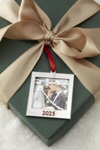 "Lenox 2025 Frame Silverplate Ornament with Red Ribbon hanging on Christmas Tree, 2.5x2.75 Inch, Personalized Family Photo Keepsake"