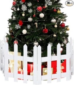 “16 inch extra tall white wooden Christmas tree fence protecting tree from pets and kids”