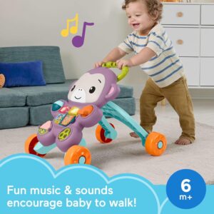 “Fisher-Price Baby Push Toy Learn with Me Purple Monkey Walker featuring musical lights, sturdy handle, and interactive activity panel for infants 6+ months.”