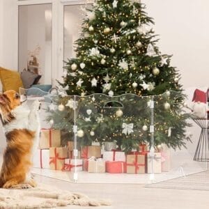 “Nuanchu clear acrylic Christmas tree fence panels around decorated Xmas tree”