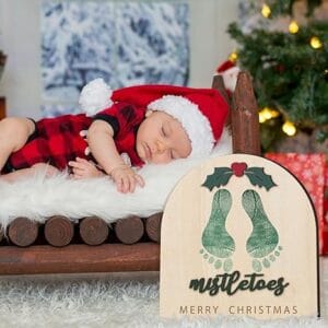 Baby’s First DIY Christmas Footprint Art Wooden Mistletoe Craft Rustic Ornament Milestone Card for Newborn”