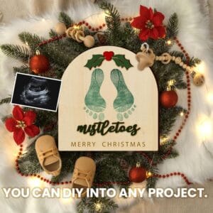 Baby’s First DIY Christmas Footprint Art Wooden Mistletoe Craft Rustic Ornament Milestone Card for Newborn”