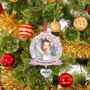Baby’s First Christmas Photo Ornament 2025 Girl hanging on Xmas tree