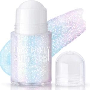 Roll-on holographic body glitter gel in sparkling pink applied on cheekbones