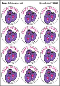 Grape Jelly scented retro stinky stickers by TREND with colorful 1980s-style designs, 24 pack scratch and sniff stickers