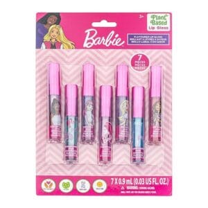 Barbie 7 piece plant-based lip gloss set for girls ages 3+, safe non-toxic first makeup gift by Townley Girl