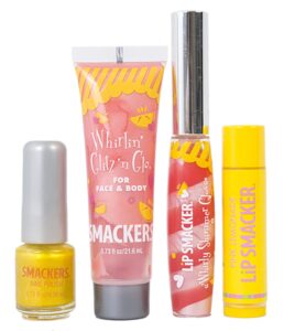 Lip Smacker Pink Lemonade Glam Bag Makeup Set with lip gloss, nail polish, and lotion in a pink bag