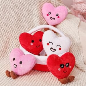“Baby First Valentines Basket Playset with 6 plush heart toys in white, red, and pink, perfect Valentines Day gift for girls and toddlers”