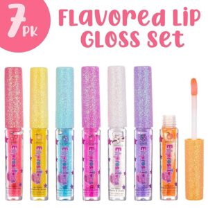 7-piece fruity flavored lip gloss set for kids with colorful tubes and fun packaging